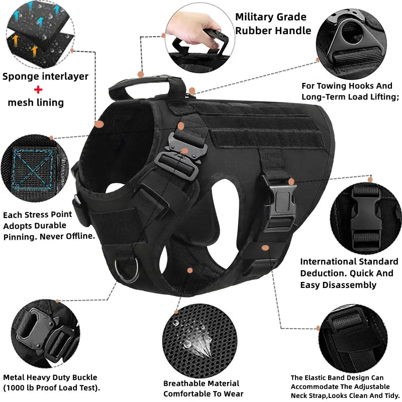 Pet K9 Tactical Military Vest -Training Dog Harness and Leash Set For All Breeds Dogs